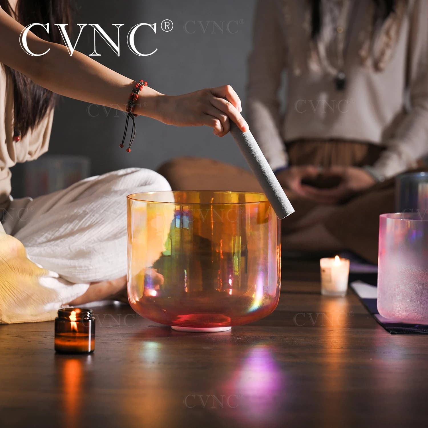 CVNC 7 Inch 440/432hz Golden Sunset Clear Cosmic Light Quartz Crystal Singing Bowl for Meditation and Sound Healing with mallet