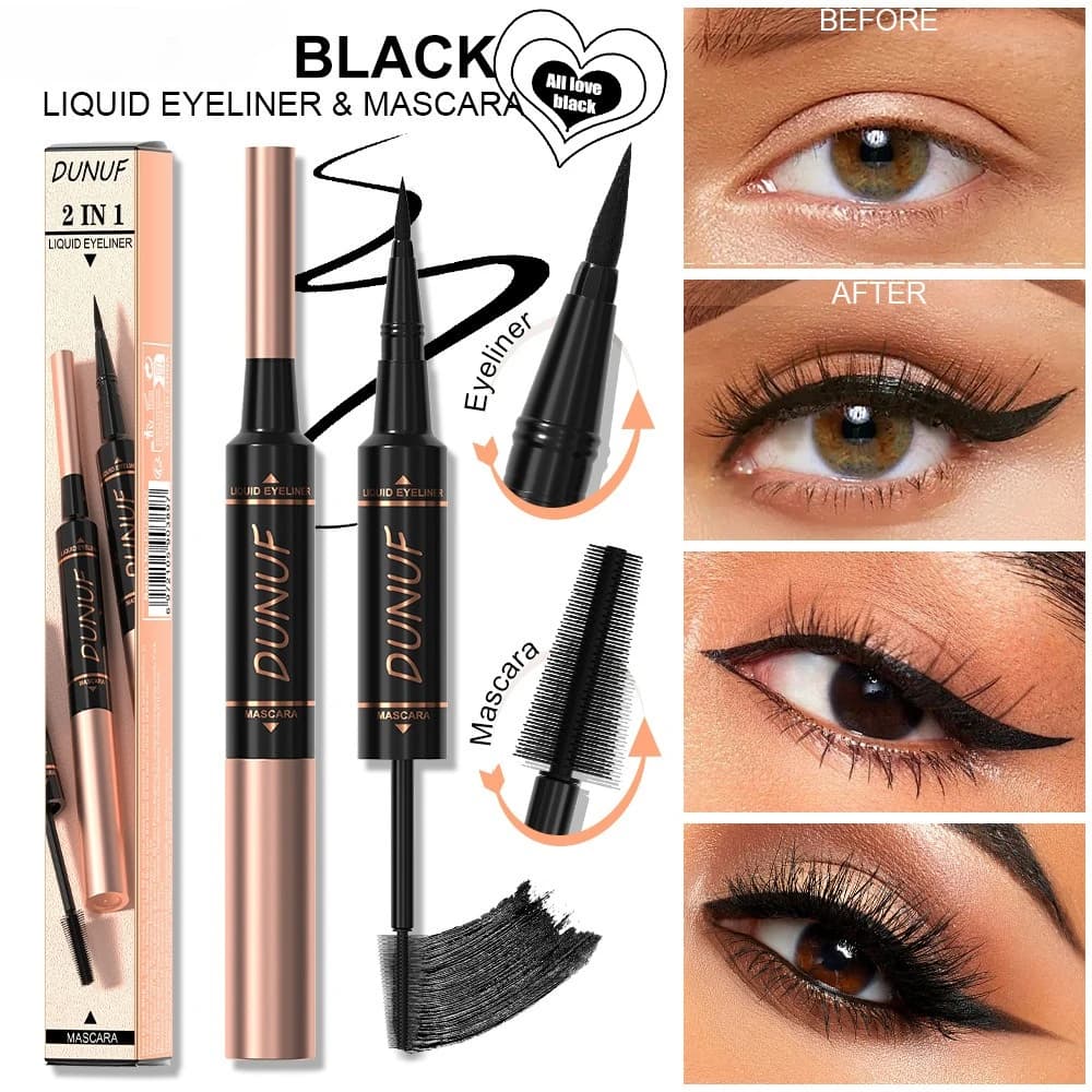 Mascara 2 in 1 + Eyeliner Waterproof Sweatproof Extension Volumizing Curling to wear all day for sensitive eyes Gym Swimming