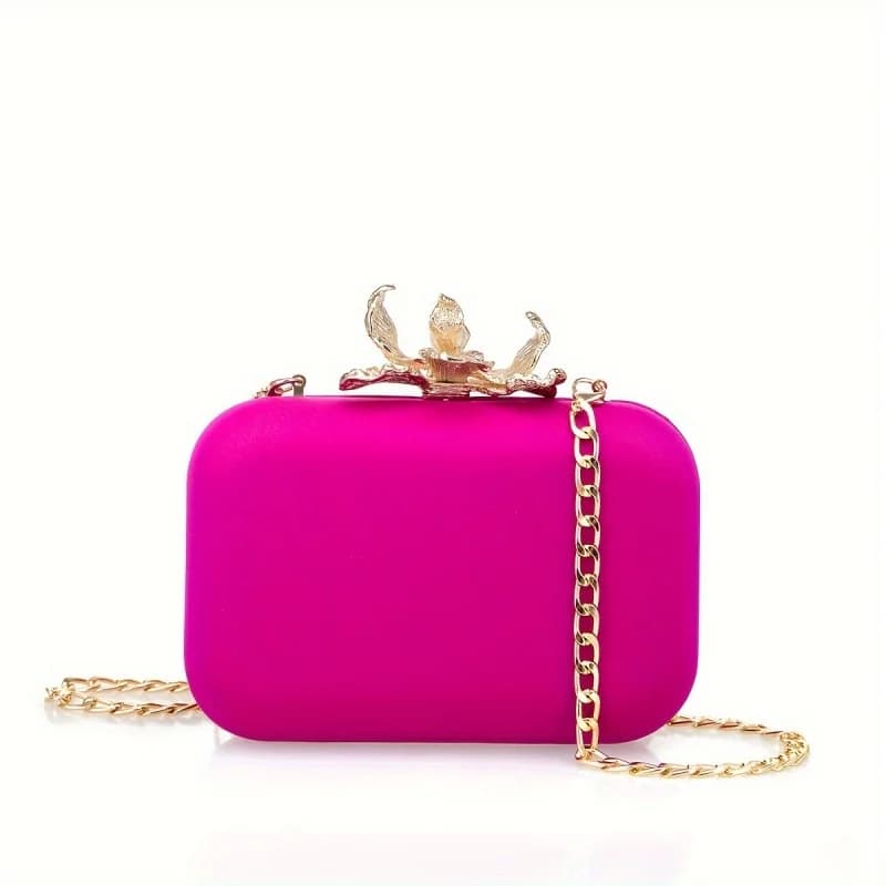 Gold Floral Metal Lock Box Clutch Women's Bright Fuchsia Wedding Party Evening Bags Small Crossbody Purse Detachable Chain