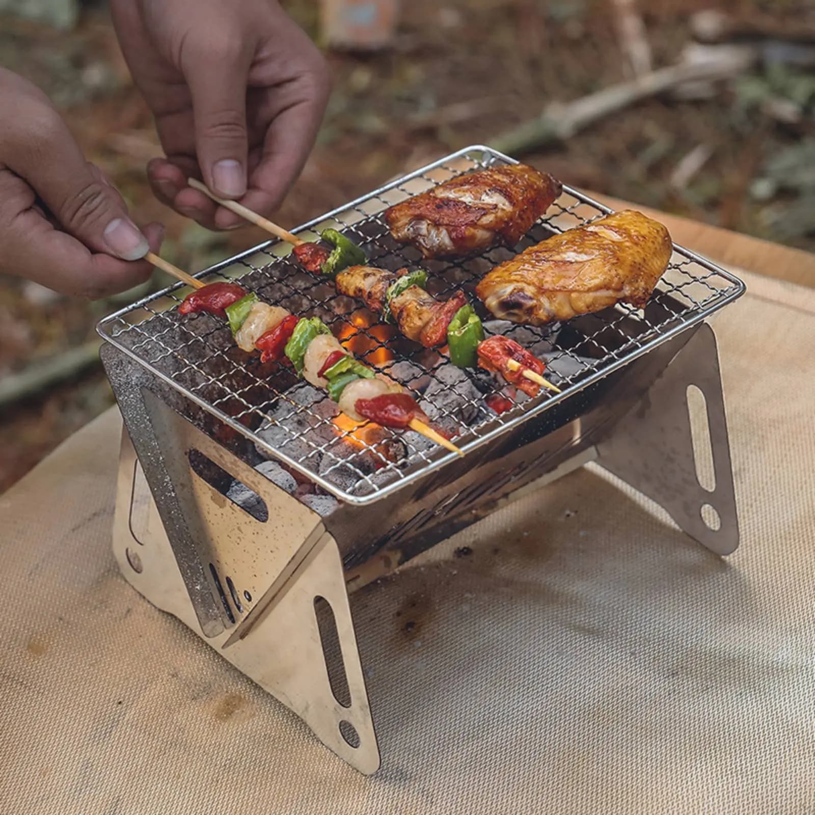 Stainless Steel Camping Grill Easy to Set up Folding Charcoal Grill Portable Charcoal Cooker Fast Setup Non-Stick for Picnic
