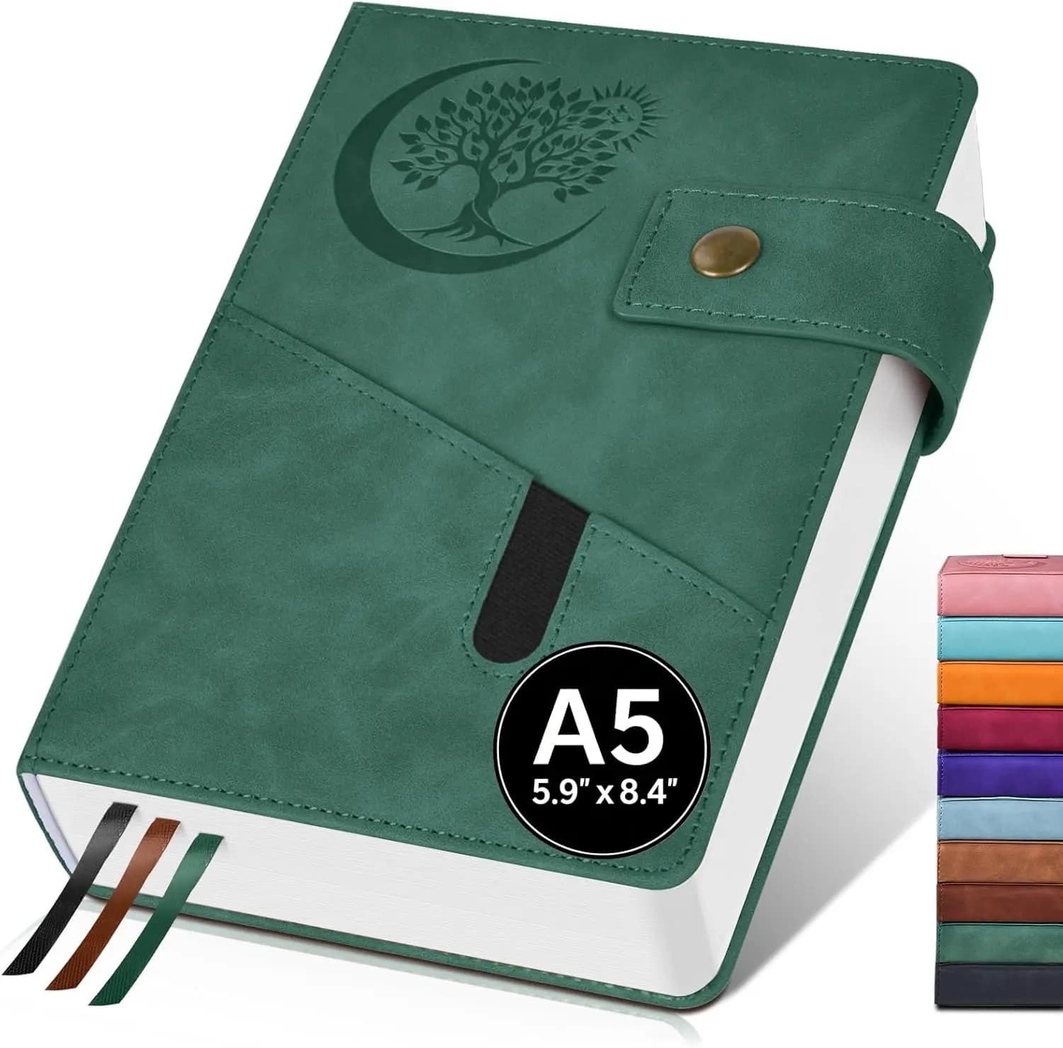 A5 Leather Lined Journal Notebook, 5.9"x8.4" 366 Pages 100GSM College Ruled Hardcover Diary with 3 Ribbon Bookmarks, Brass Snap & Front Pocket, Journals for Writing Work Travel