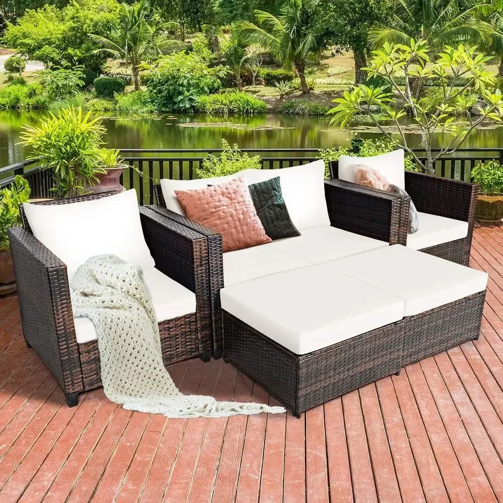 5-Piece Outdoor Wicker Patio Furniture Set: Loveseat, 2 Chairs, 2 Ottomans with Cushions - White