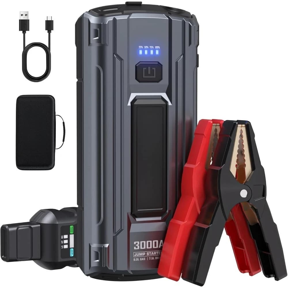 Avviamento di emergenza per auto di picco 3000A per motore diesel da 9,0 litri a gas 7,5 litri Batteria booster da 12 V con luce LED Doppio spazio di archiviazione USB