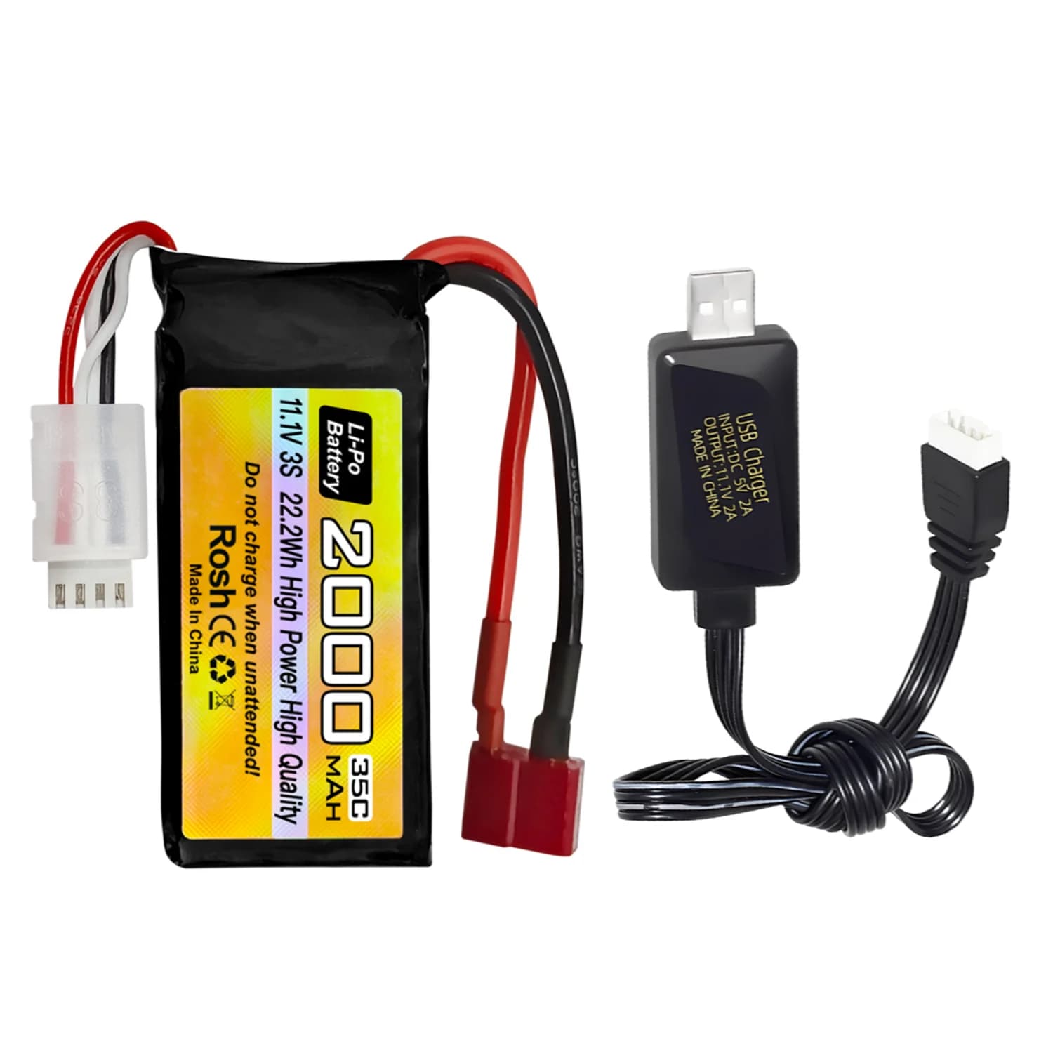 Batteria Lipo 3S T-Plug 11,1 V 2000 mAh 35C con cavo di ricarica USB per auto RC, navi RC, droni RC, quadricotteri, batterie UAV FPV