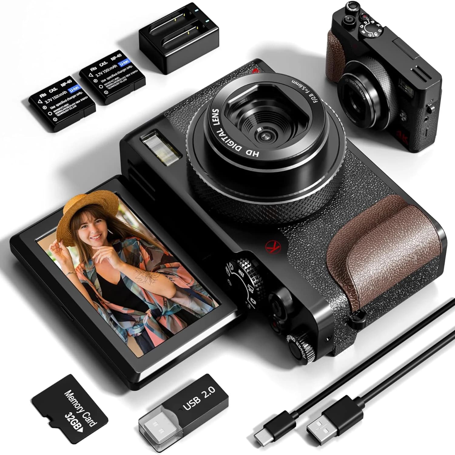 Fotocamera digitale NBD 56MP fotocamere per fotografia 4K Vlogging Camera per YouTube 180 ° Flip Screen Digital Point and Shoot Camera