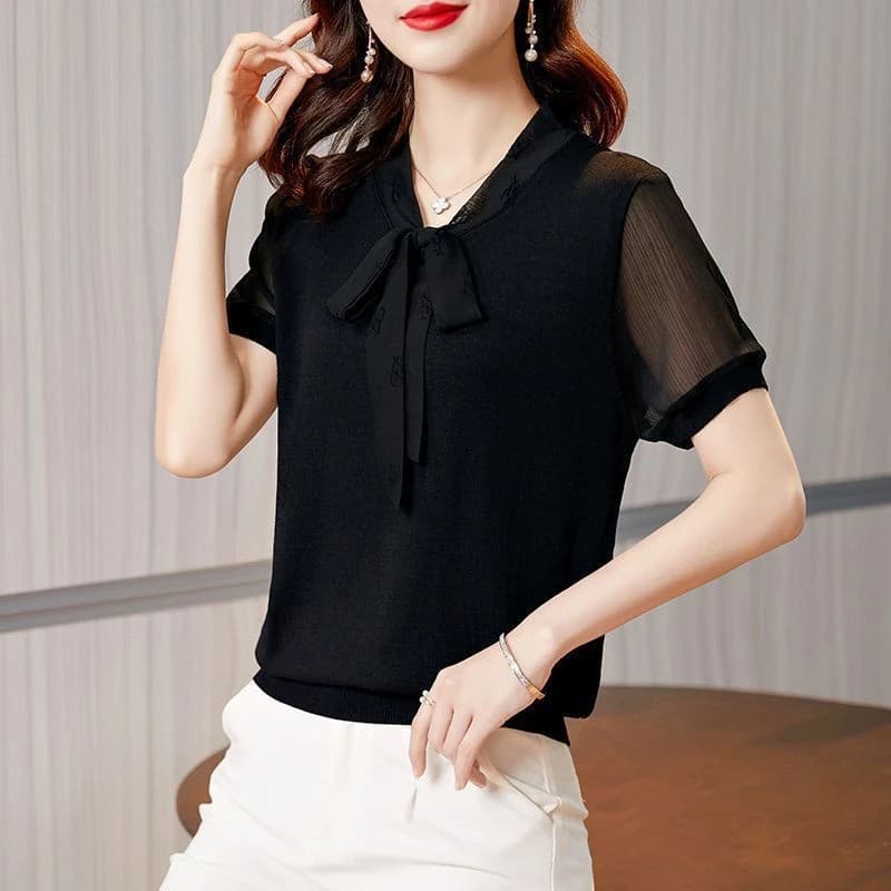 Women's Short Sleeve T-Shirt Knot Loose Knitted Ice Silk Top Korean Style Commute Fashion Summer New Design 2026