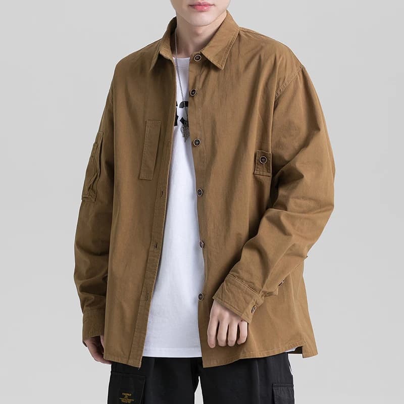 American Style Men's Long Sleeve Cotton Shirt Casual Outerwear Jacket Loose Fit Youth Popular Style Autumn Season Pure Color