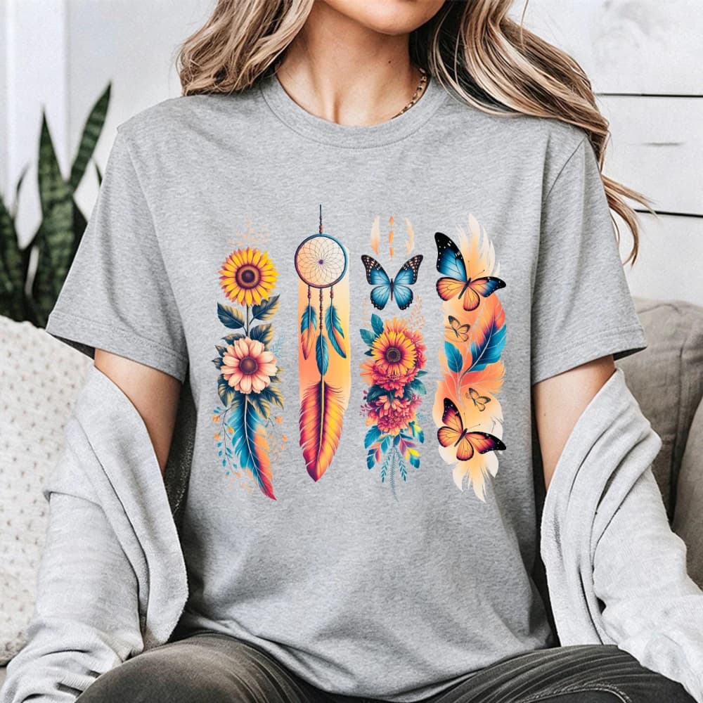 Floral Dreamcatcher Butterfly Women T-Shirt Cotton Short Sleeve Summer Butterfly Lover Top Gift for Her Casual Fashion Clothes
