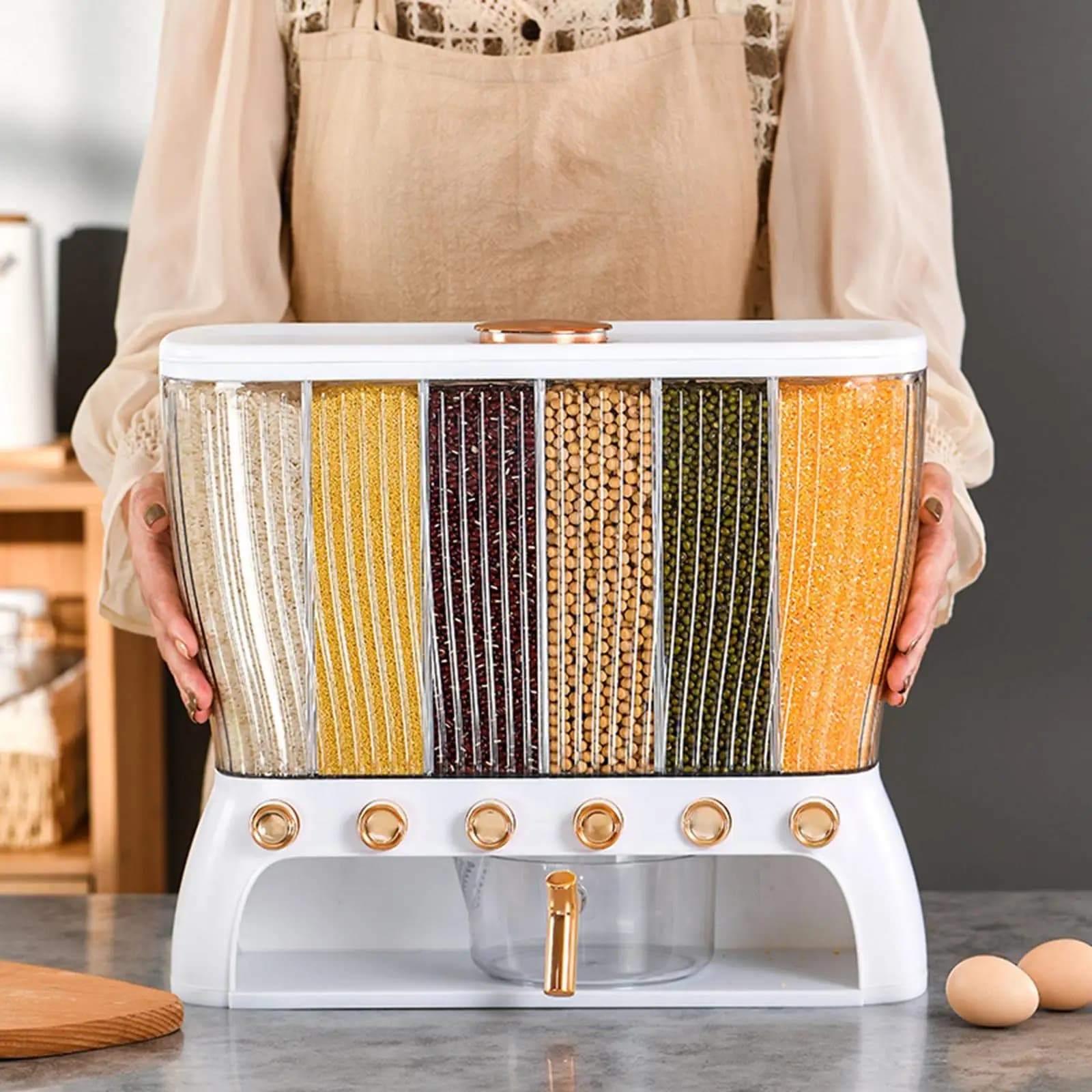 Dispenser per Cereali a 6 Scomparti, Contenitore per Alimenti e Grani, Facile da Usare, 6 Partizioni Interne, Serbatoio per Cereali Vari