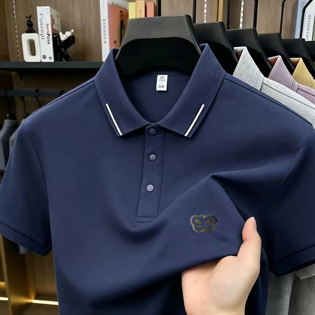 Men's high-end brand personalized concealed button polo shirt summer butterfly badge short sleeved T-shirt casual breathable top