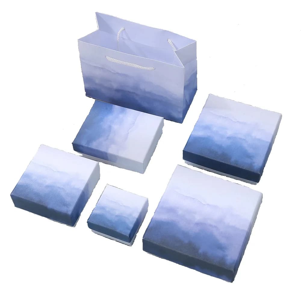 12 scatole per set di gioielli in cartone quadrato/rettangolo blu, scatole regalo per anelli, sacchetti per l'imballaggio di gioielli