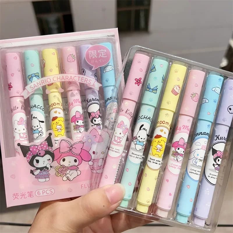 Set di 6 Evidenziatori Sanrio Hello Kitty, Penne Fluorescenti Kawaii Kuromi Melody Cinnamoroll, Cancelleria Scolastica