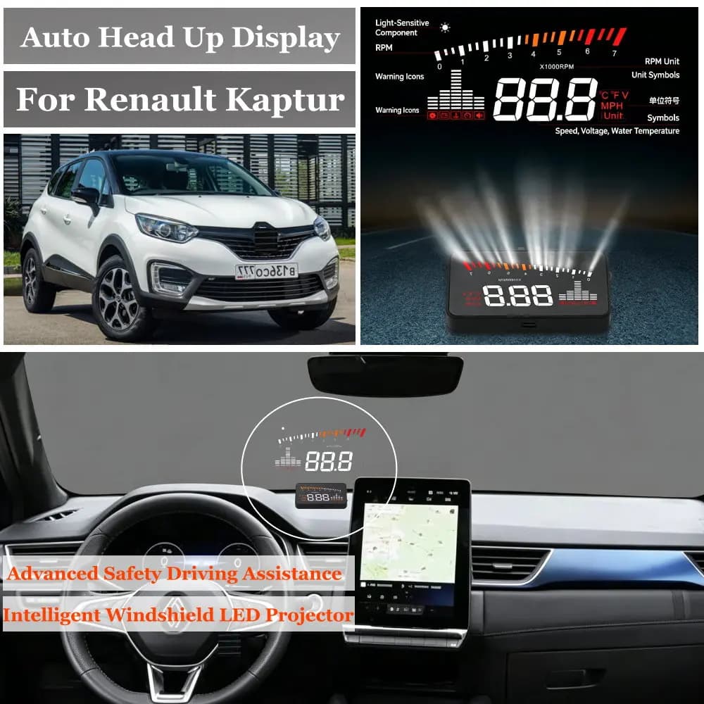 Car Head Up Display For Renault Kaptur HHA (MK1) HJB (MK2) 2016-2026 AUTO HUD Windshield Projector Speedometer Odometer RPM