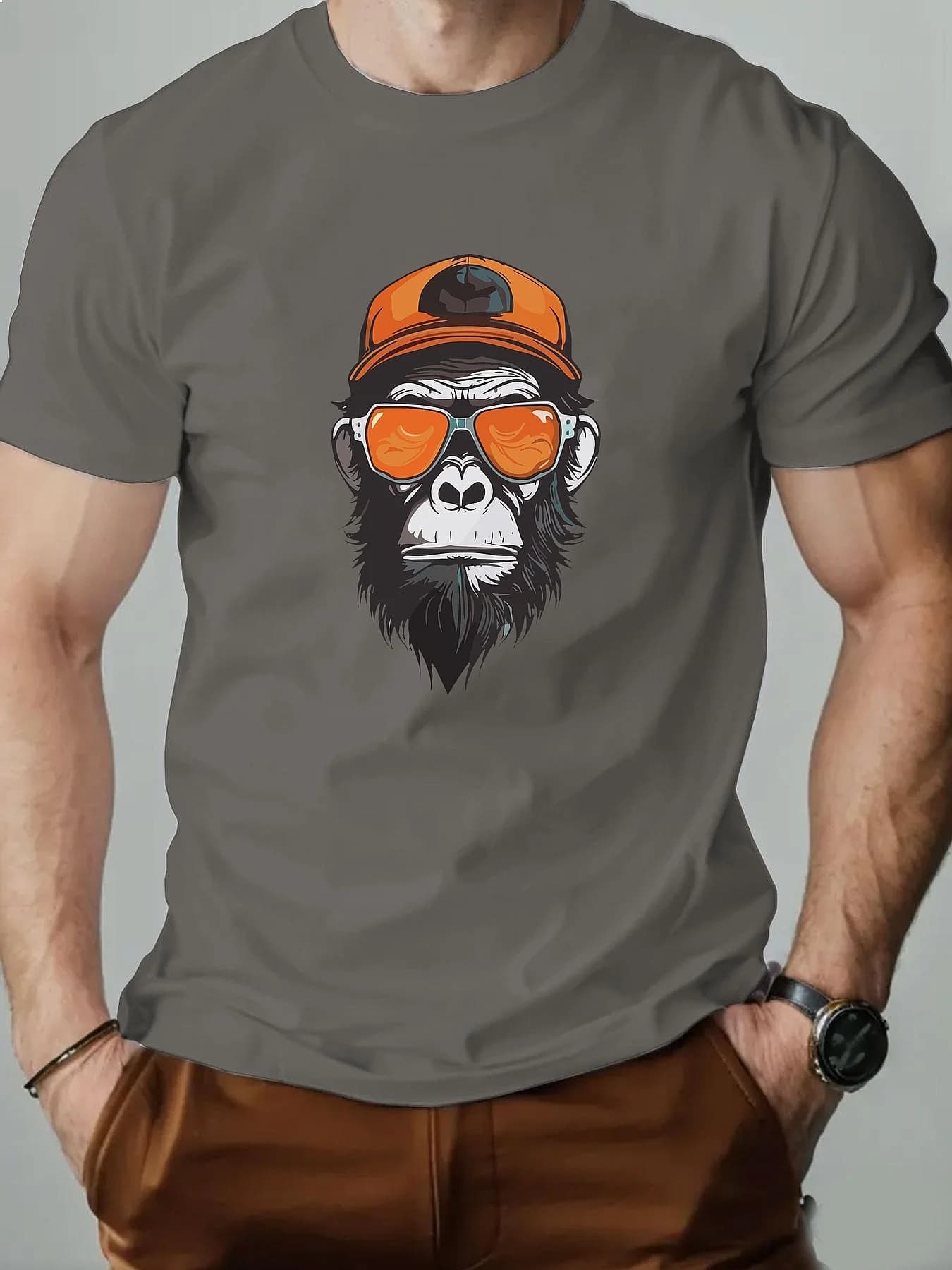 Men's Summer 100% Pure Cotton Casual Loose Fit Monkey Print Round Neck Short Sleeve T-Shirt Top