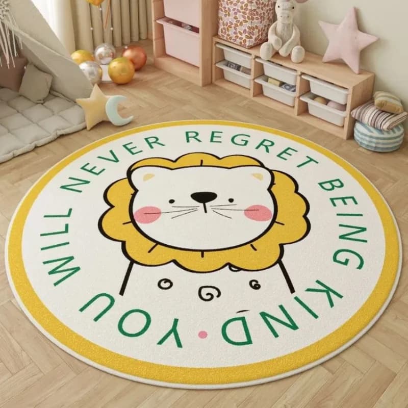VIKAMA Cartoon Lion Round Floor Mat Positive Saying Non Slip Bedroom Kids Circular Rug Home Decoration
