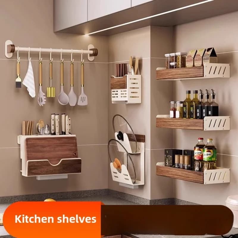 Walnut wall kitchen rack: multifunctional organizer for lids, knives and tools, space saving without drill