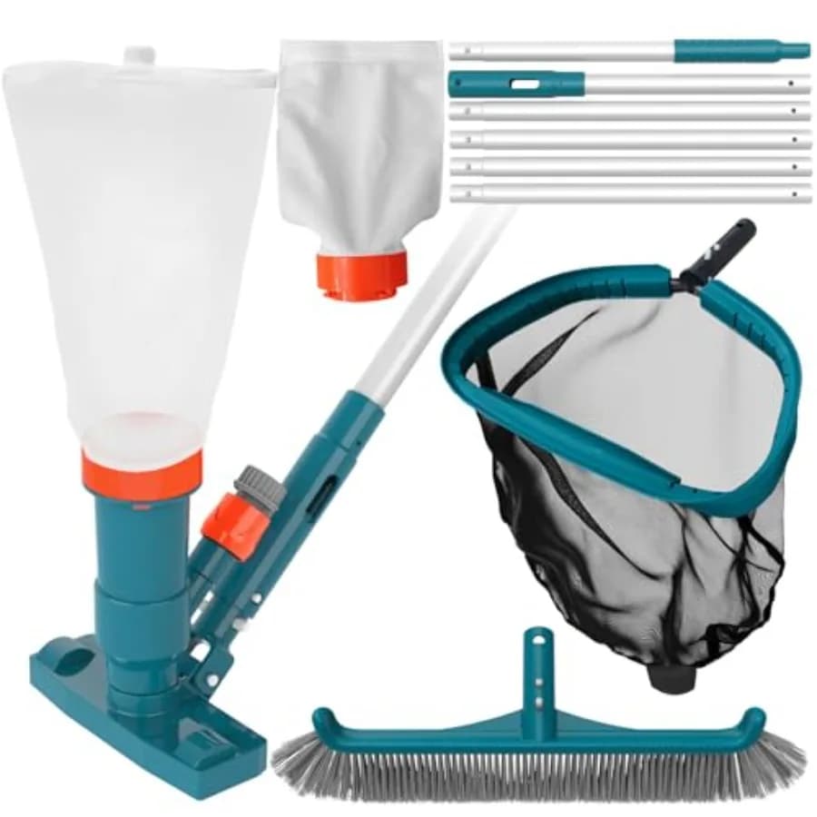 Kit di Pulizia per Piscine Fuori Terra con Tubo da Giardino, Aspiratore per Piscina, Rete a Raggi in Alluminio, Spazzola per Pareti e Asta da 2,4 m per Rimuovere Foglie