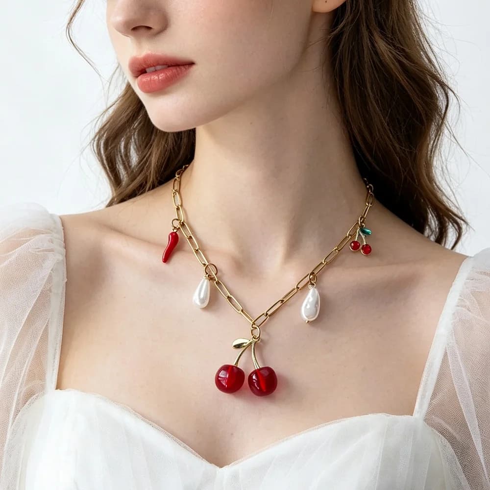 Collana a catena con sciarpa e ciondoli a forma di fiore, sole e ciliegia, regalo di Natale per donne, ragazze, mamme