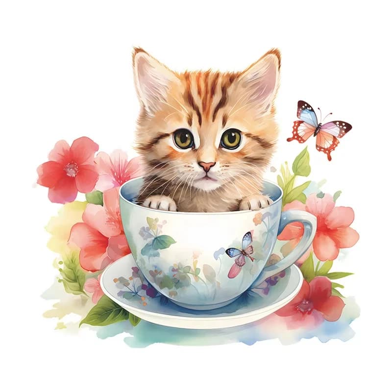 Teacup Cat Flower Wall Stickers Decorative Decals for Bathroom Toilet Living Room Cabinet Fridge Home Decor B38
