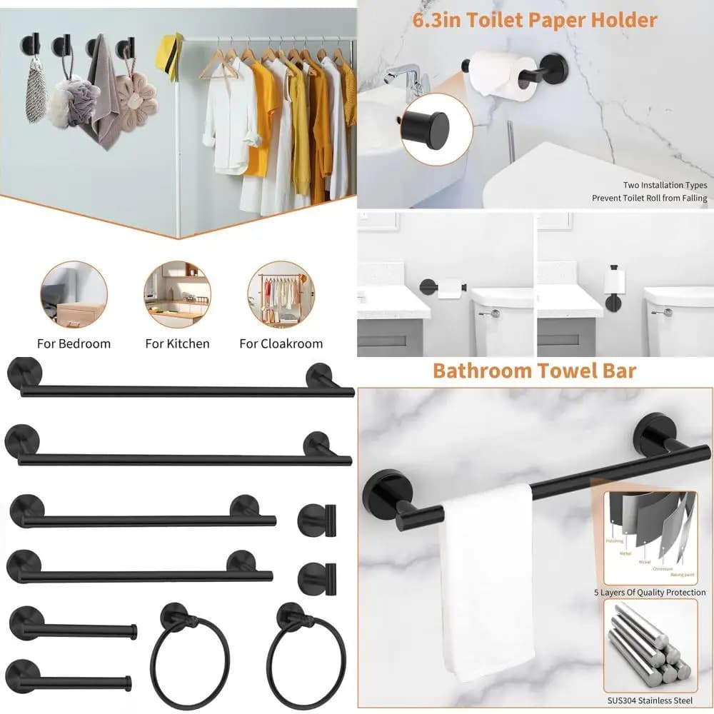 Set di accessori per il bagno neri opachi, confezione da 2: 24 e 16 porta carta igienica, portasciugamani, anelli, ganci