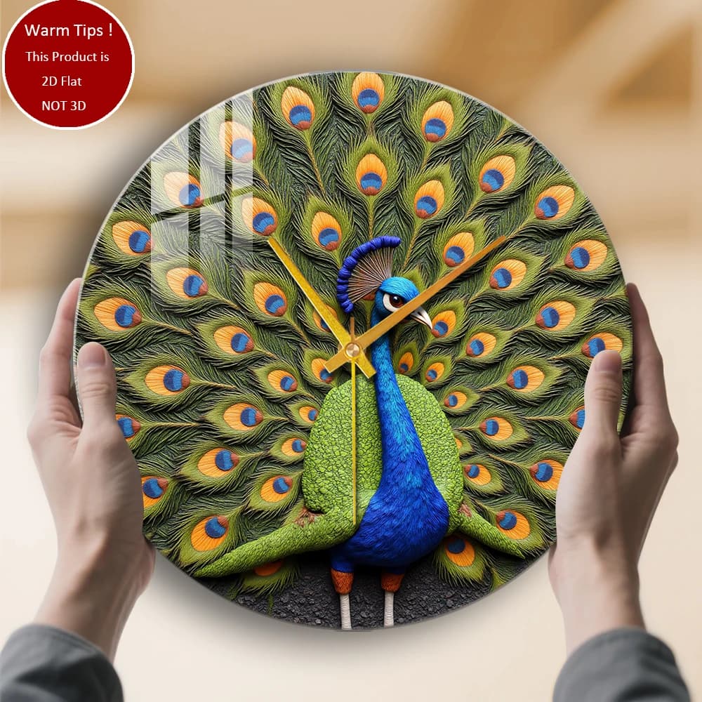 Tempered glass wall clock with peacock with diffuse feathers, suitable for wall decorations or table displays everywhere