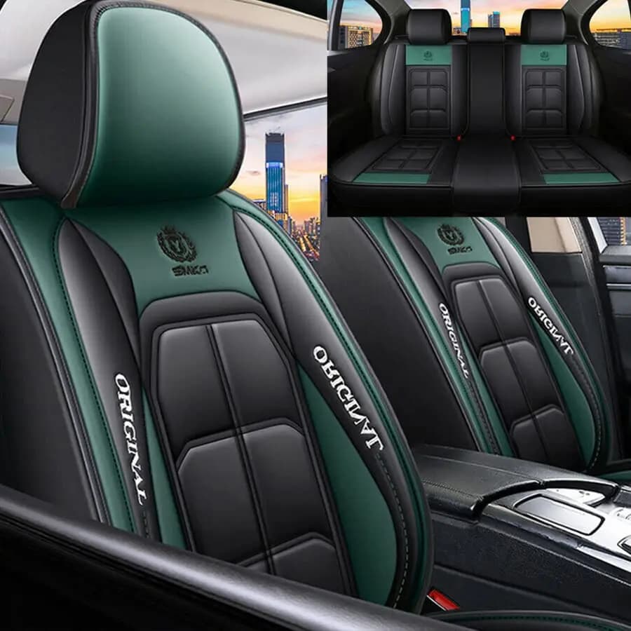 Set of 5-seater car cushions in black + green PU leather, front and rear seat cover set