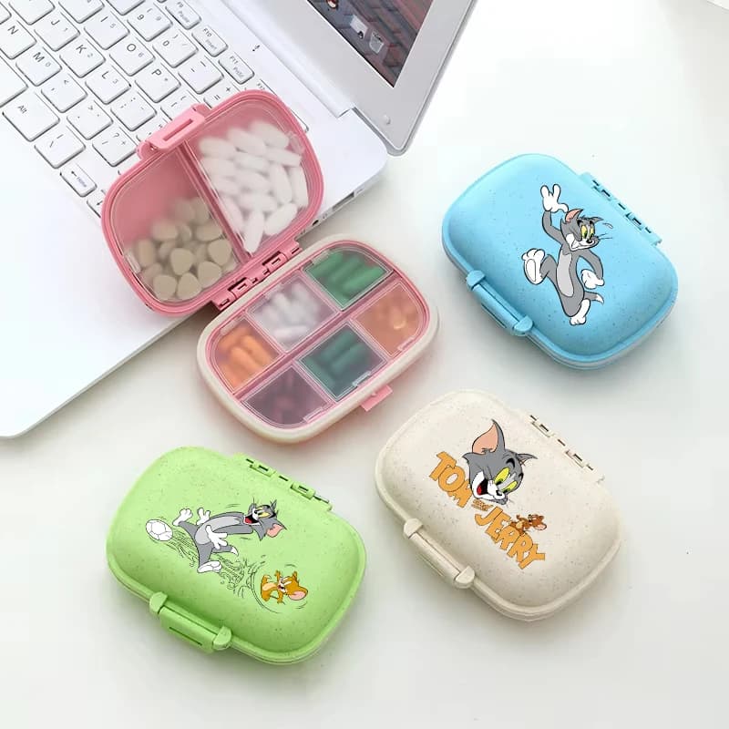 Portapillole Portatile Tom e Jerry, Contenitore per Pillole a 8 Scomparti, Scatola per Compresse da Viaggio, Astuccio per Pillole con Design Cartone Animato