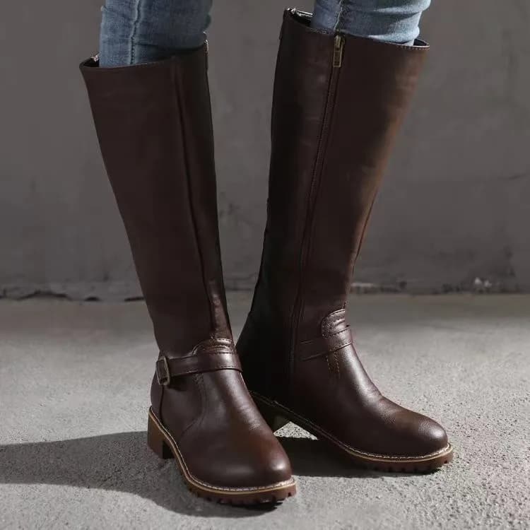 Women's Riding Boots Round Toe Chunky Heel High Boots Above Knee Platform Shoes with Women's Buckle Botas Mujer