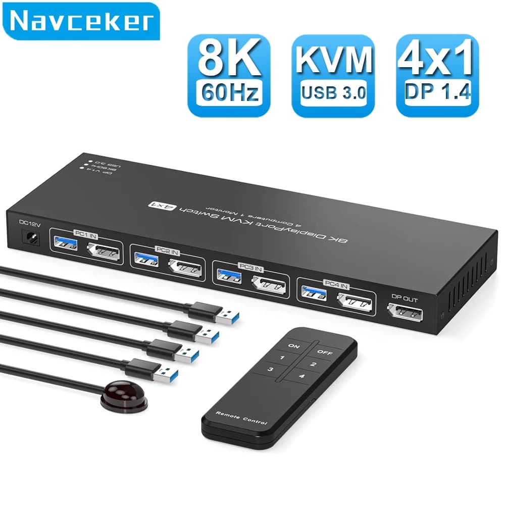 Navceker 8K Displayport KVM Switch 1 monitor 4 computer 4K 144Hz 4x1 DP USB 3.0 KVM Switch per 4 PC Condividi tastiera Mouse