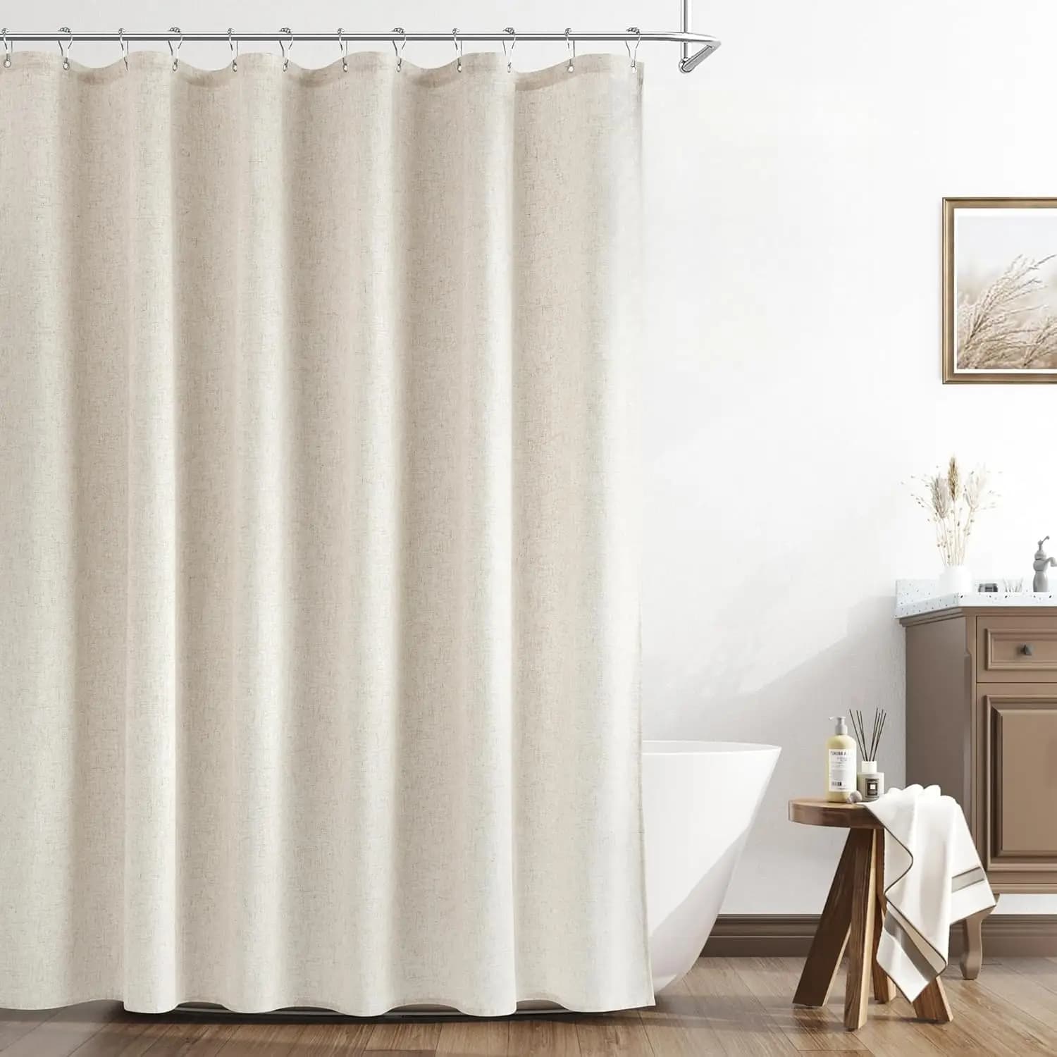 Tenda da Doccia in Lino Naturale, Decorazione Bagno Boho Farmhouse, Tessuto Testurizzato Beige con Orlo Pesante, 72 Pollici