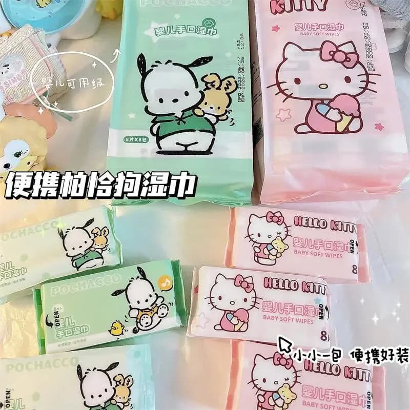 8 pz Kawaii Sanrio Hello Kitty Pochacco salviette Wet Paper Outing Pouch Cartoon Kitchen Travel Estuches Escolares per bambini ragazze