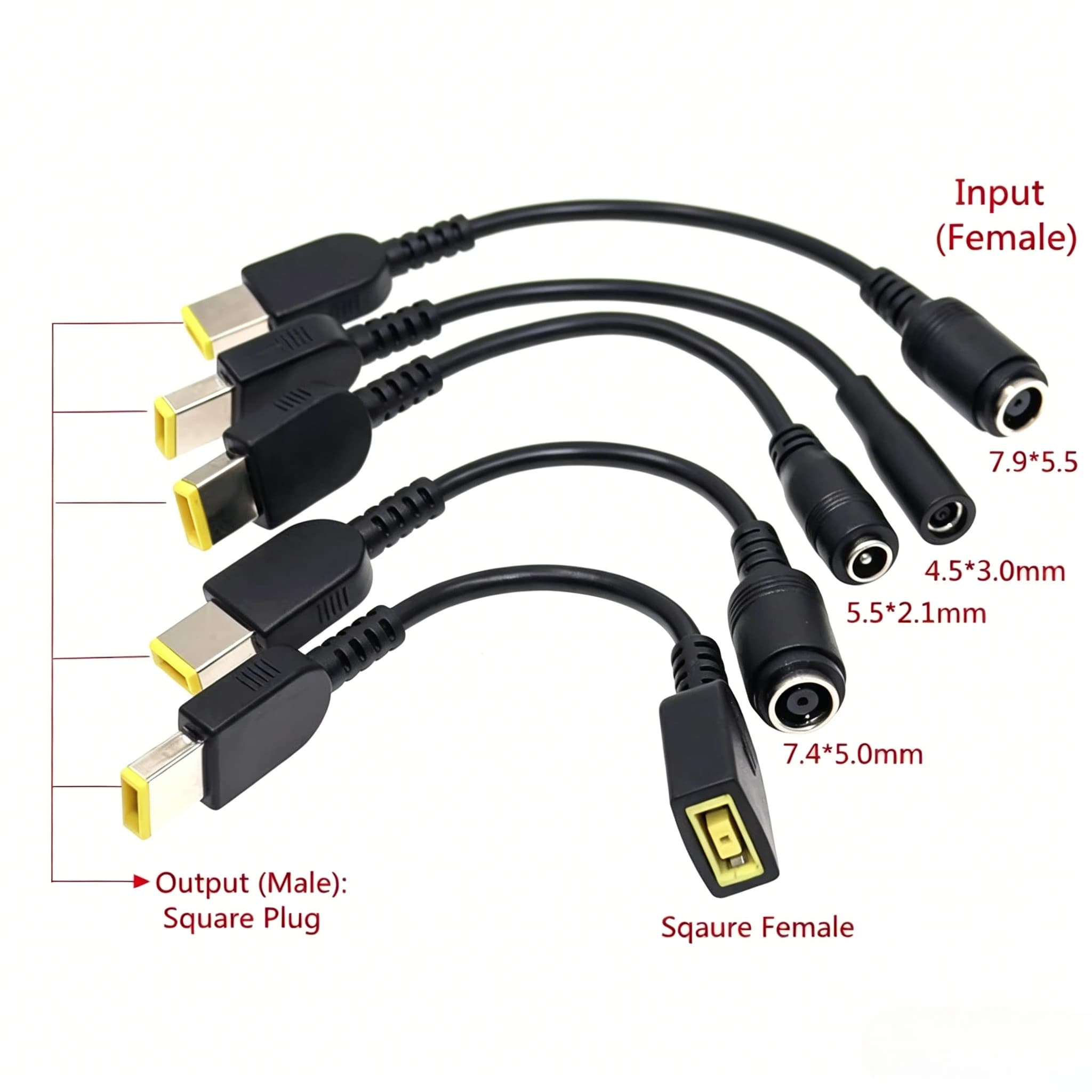 Laptop Adapter Cable Square Male To 4.5*3.0mm 5.5*2.1mm 7.4*5.0 7.9*5.5mm Female DC Power Charger Converter Cord for Lenovo Hp