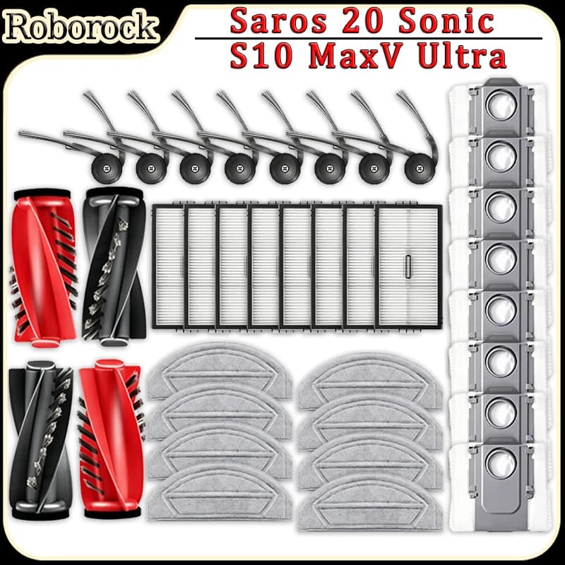 Kit di accessori per robot aspirapolvere Roborock Saro 20 Sonic/S10 MaxV Ultra: spazzola principale, filtro, panni lavapavimenti, spazzola laterale, sacchetti per la polvere