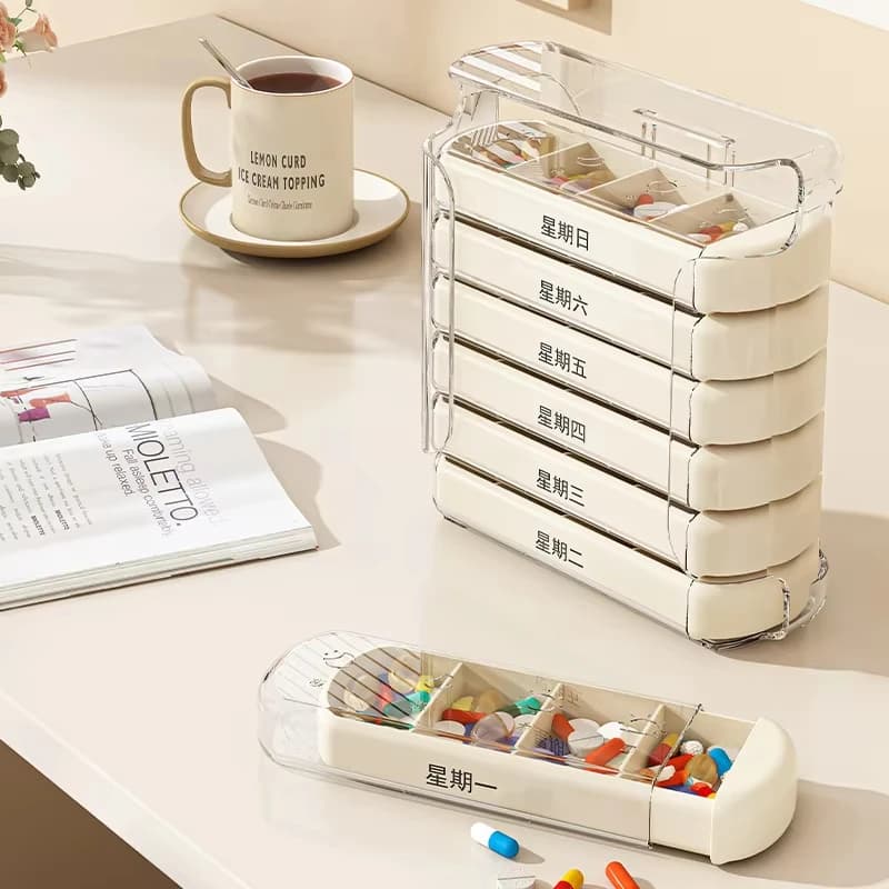 Convenient seven-day pill organizer for seniors portable pill box pull-out medicine dispenser