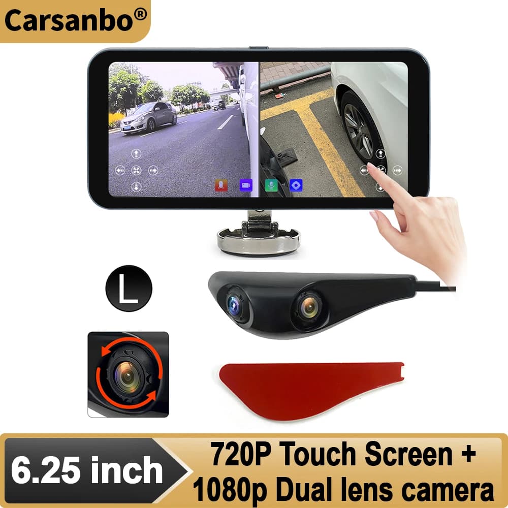 Carsanbo Camera system with double lens side view with 6.25 inch 720P IPS touch screen with blind point alarm system AHD 1080P camera