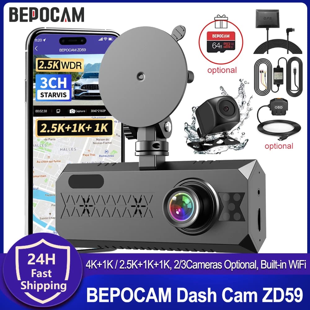 BEPOCAM 4K Dash Cam 2/3 Canals Front In Car Photographic Machine WiFi Integrated 3.16''s Screen IPS Auto DVR Night Vision Optional Rear ZD59