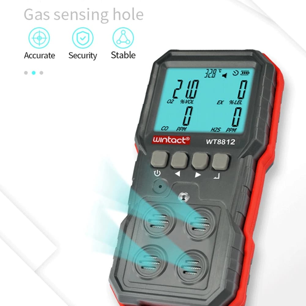 WT8812 Monitor per gas compoud LCD Ricarica digitale Combustibile O2 H2S CO EX Sensore per monitor di perdite di gas Allarme sonoro e luminoso a vibrazione