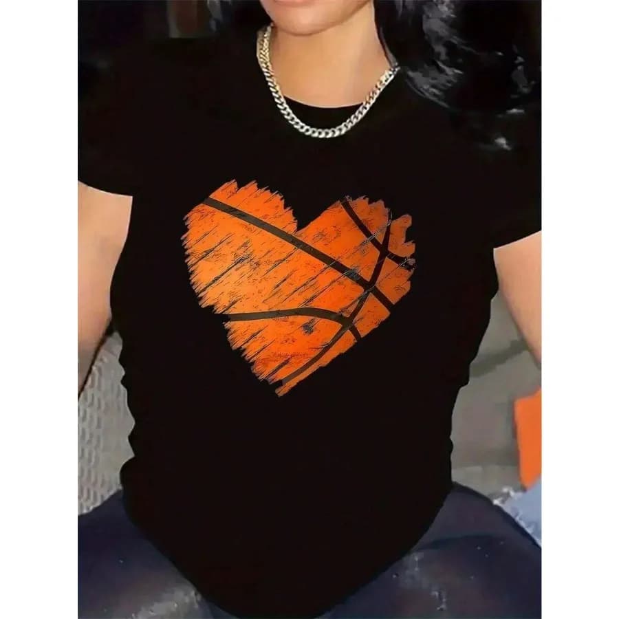 T-shirt da donna con stampa a cuore effetto distressed - Maglietta sportiva casual nera con design a cuore arancione e bianco a maniche corte S