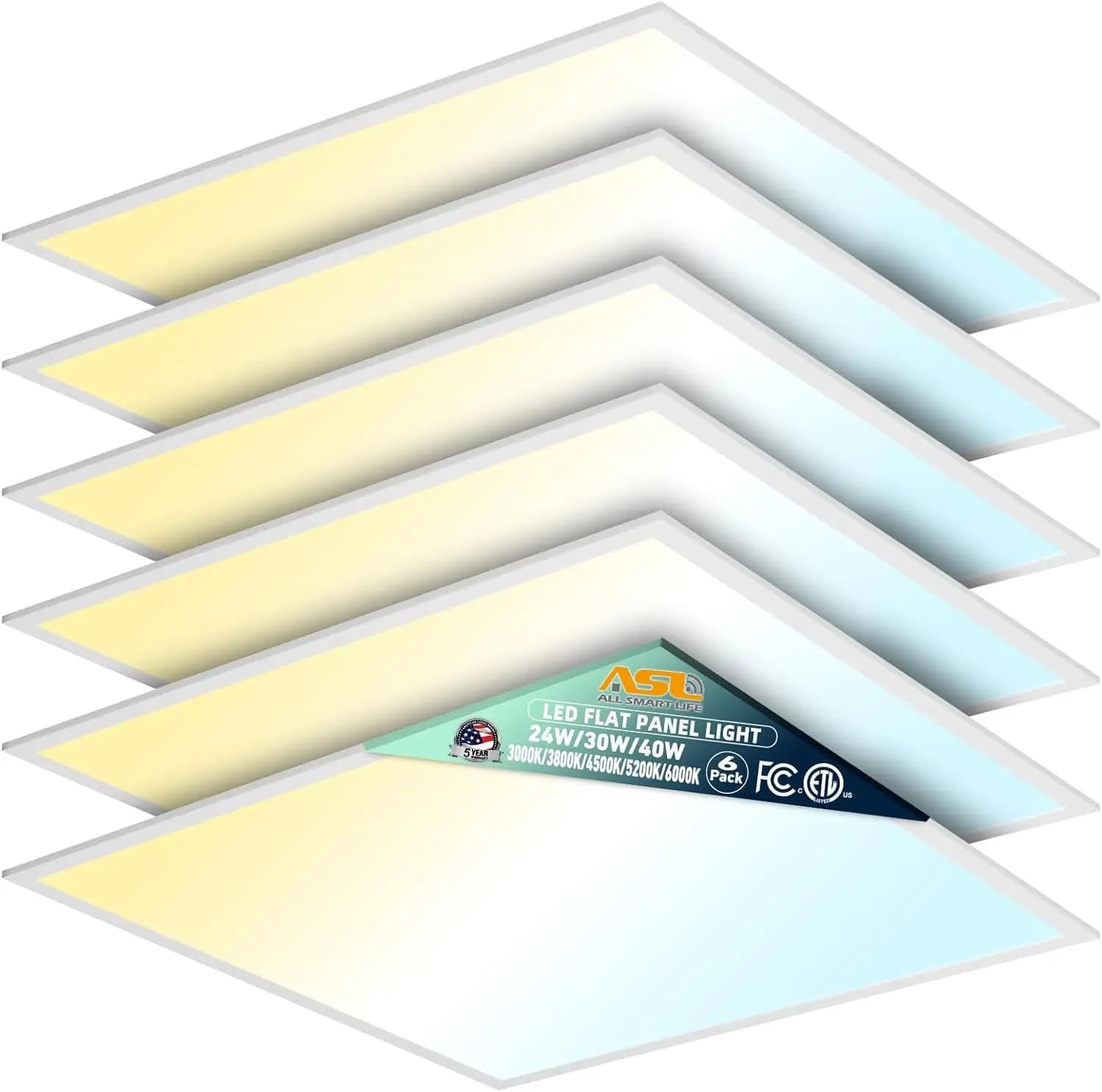 Pannello LED piatto 2x2, confezione da 6, dimmerabile, 5 opzioni CCT (3000K-6000K), 24W/30W/40W, retroilluminato per controsoffitti commerciali e uffici