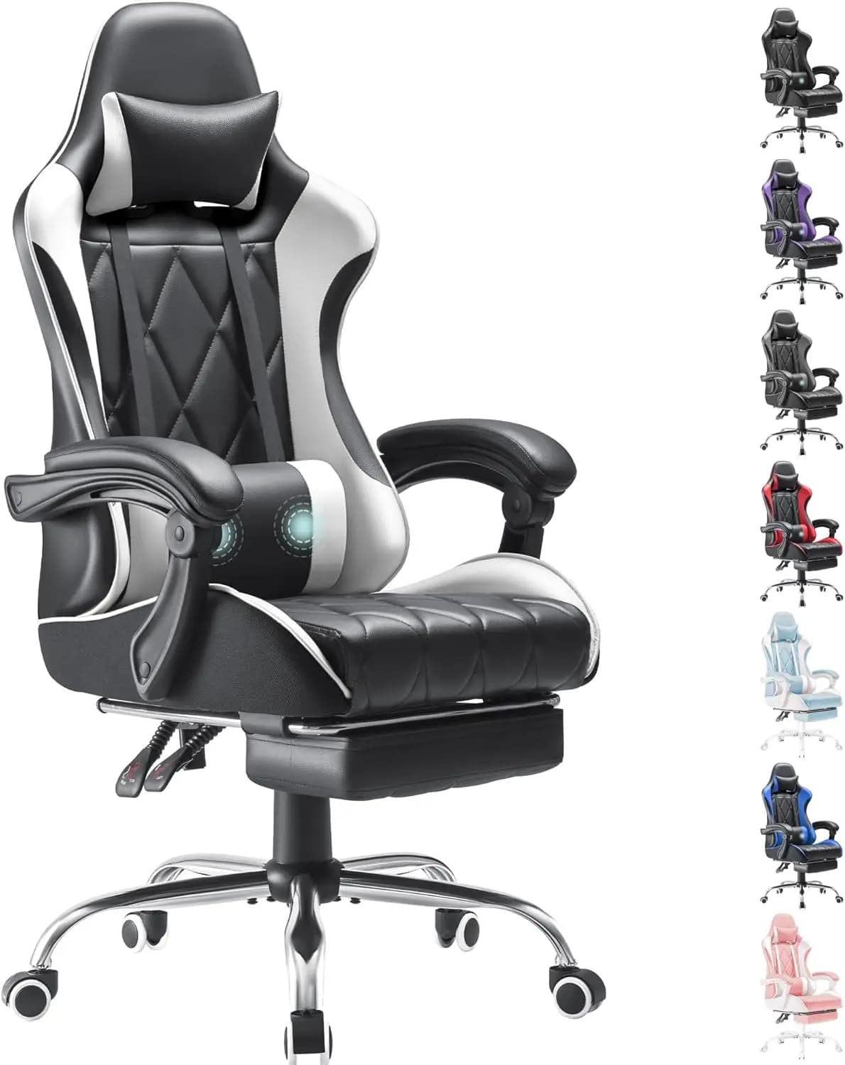 Sedia da gaming con poggiapiedi e supporto lombare per massaggi, sedia da ufficio ergonomica bianca con schienale alto