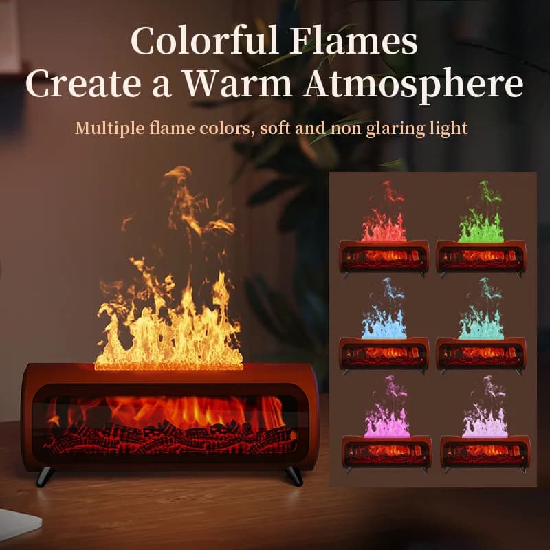 3D Simulation Charcoal Fireplace Aroma Diffuser, Retro Wood Grain Bedroom Diffuser Humidifier with Ambient Colorful Flame Lights