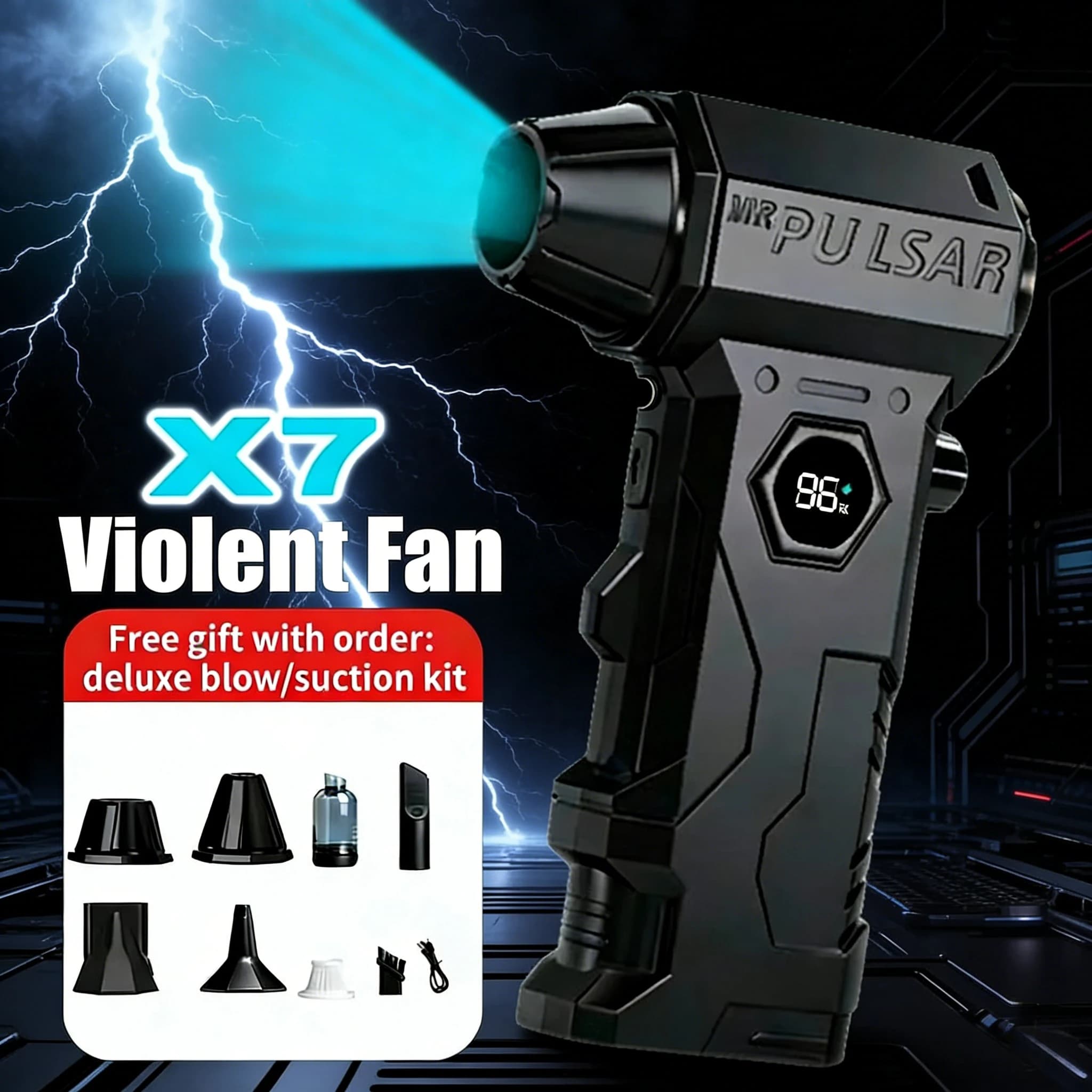 Powerful X7 hair dryer with 130.000 RPM turbofan brushless motor, 4 nozzles and air blowing specialized for cleaning the interior of the car