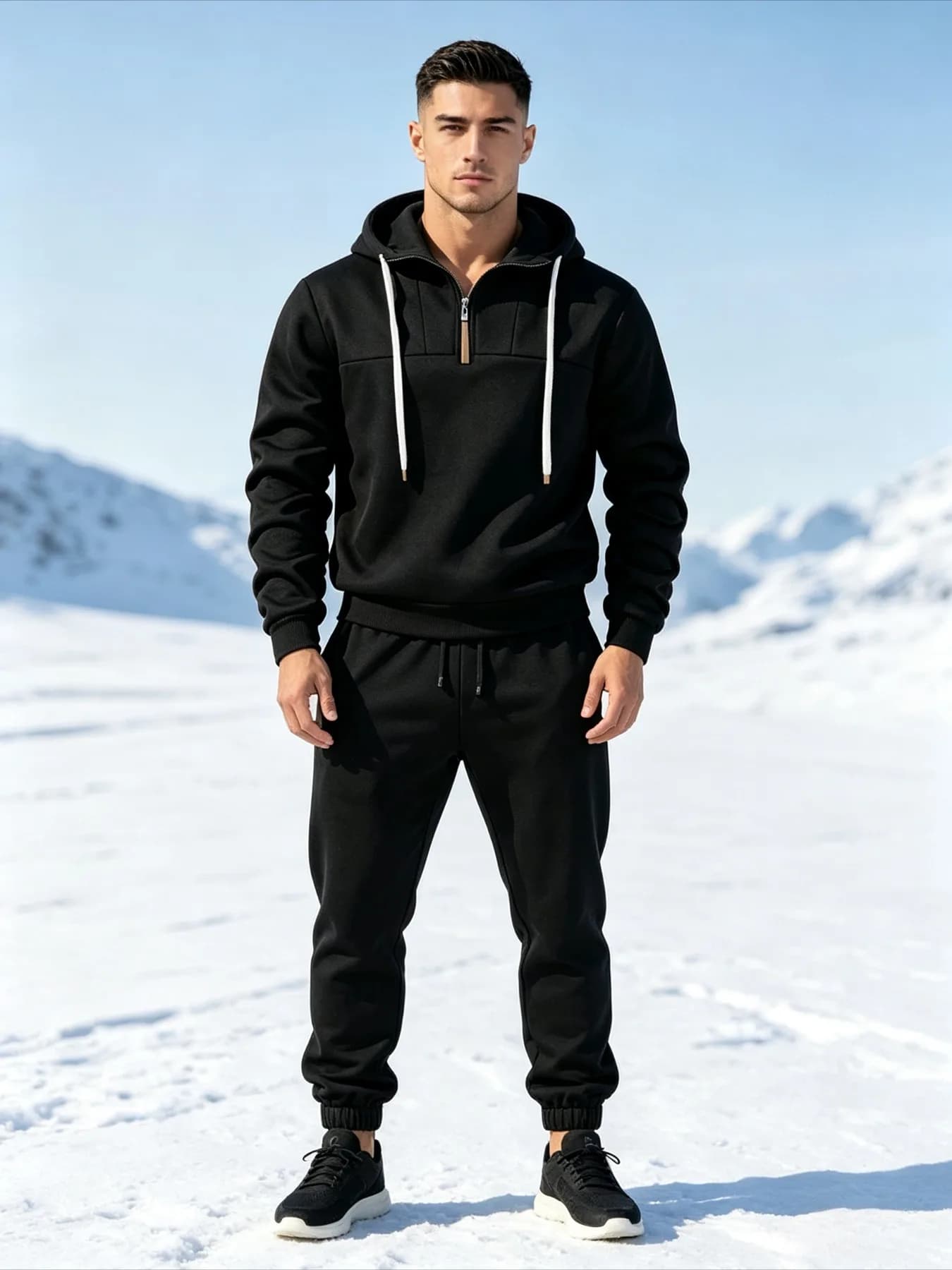 Men Autumn Winter Black Co Ord Set Half Zip Hoodie With Leather-Tipped Hood Strings Elastic Drawstring Jogger Pants Breathable