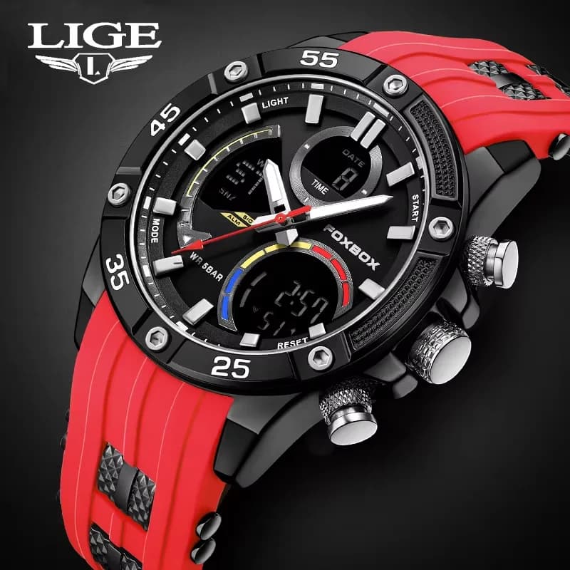 LIGE New Men Digital Display LED Quartz Watch Top Brand FOXBOX Silicone Strap Men's Watch Waterproof Fashion Men's Sports Watches