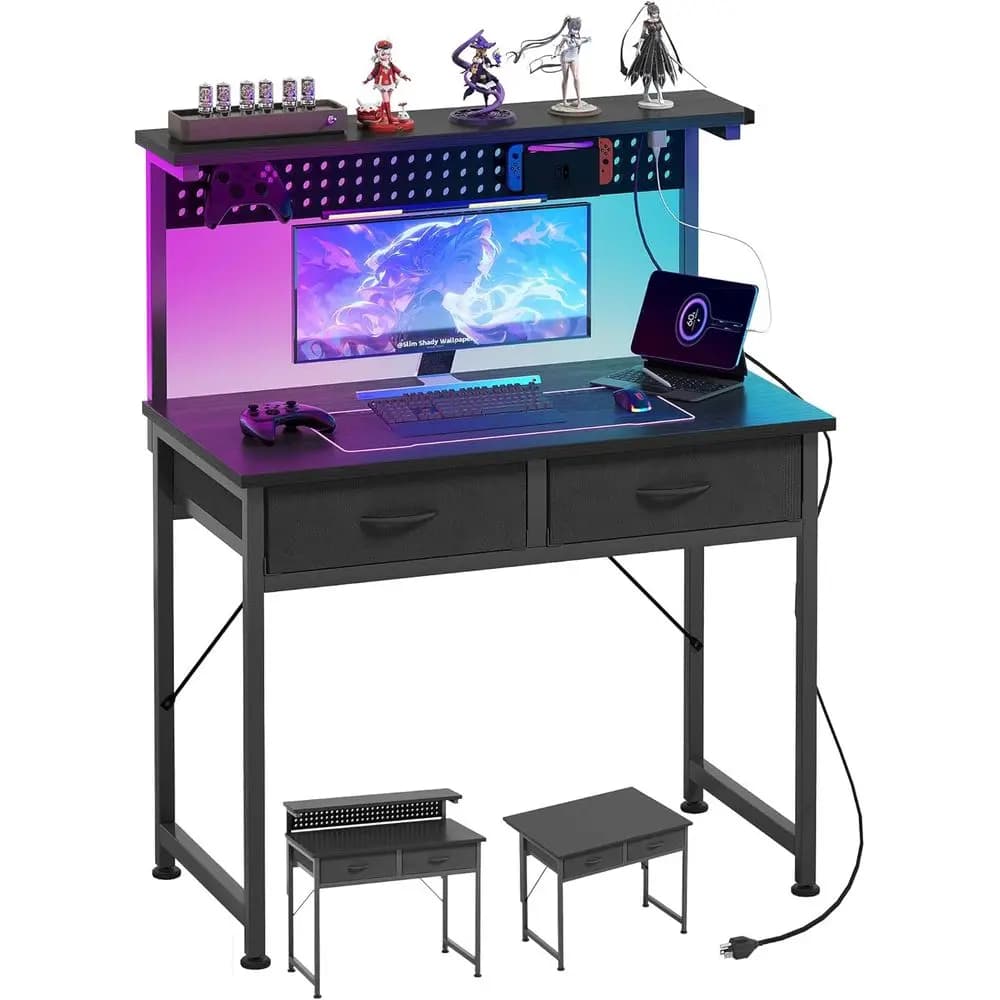 Scrivania Compatta 31 con Presa di Corrente, Luce LED, Supporto Monitor Regolabile e Pannello Forato per Gaming, Studio o Scrittura, Nera