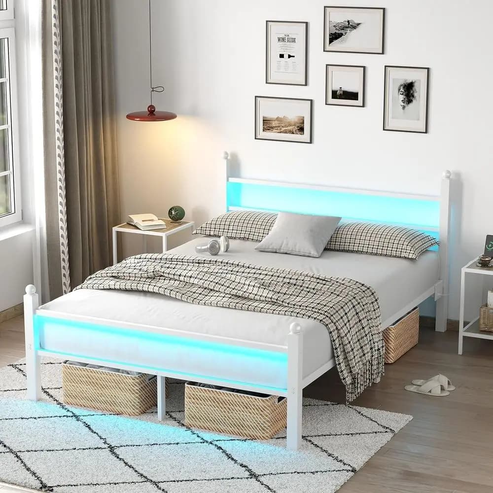 White Metal Bed with Charging Station, LED Lights, Substant Container, Non Requires Rowing Network, Quiet