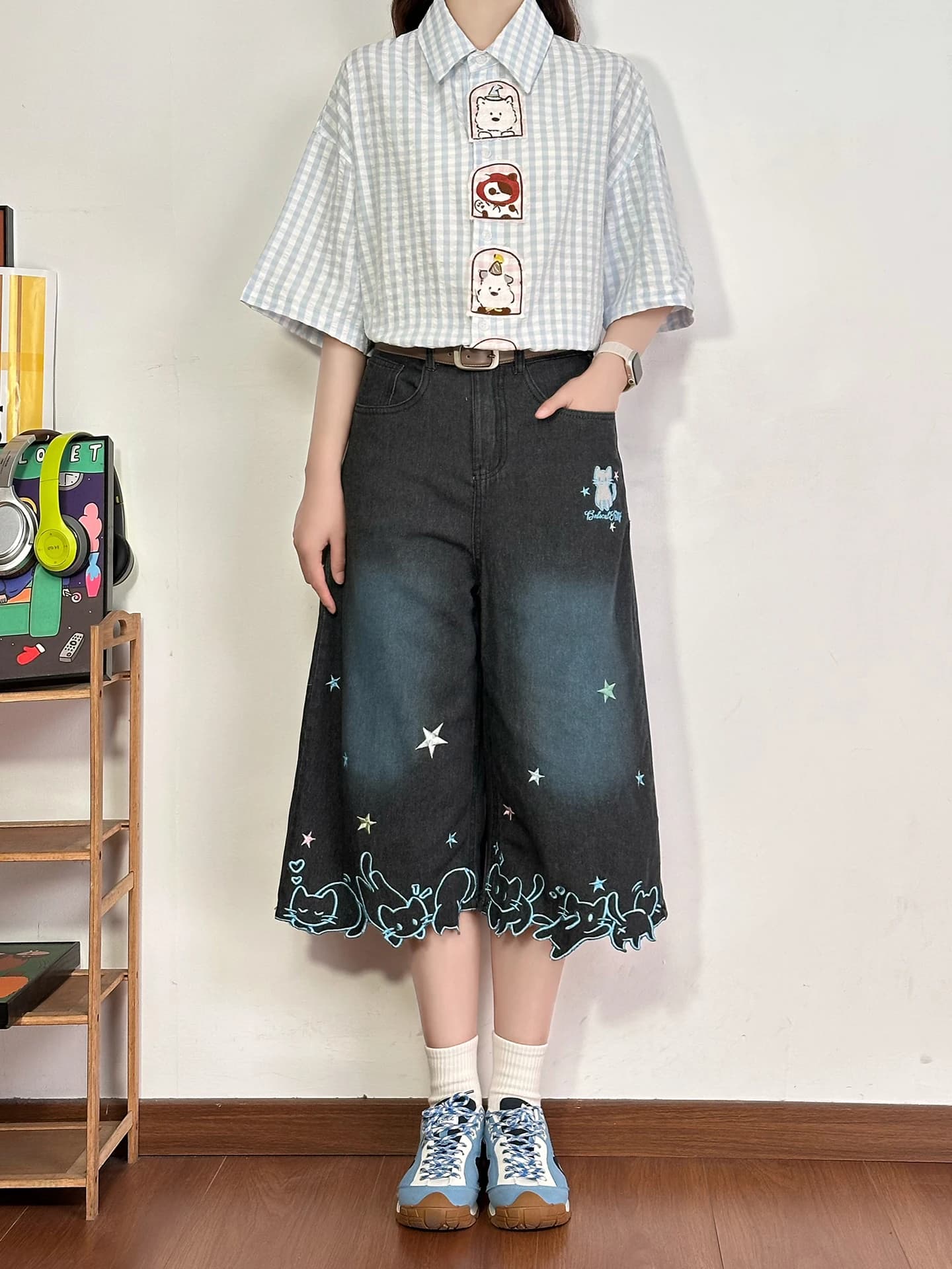 Retro American Star Embroidery Denim Wide Leg Shorts Women's Summer Loose Fit Jeans Cartoon Pattern Casual Outerwear