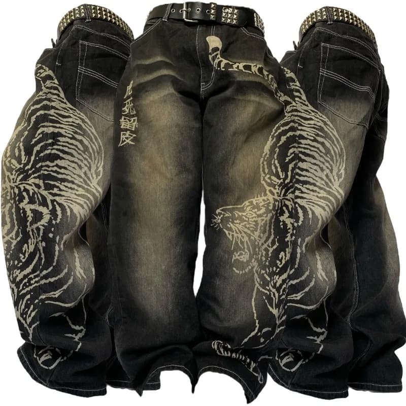 2025 Fashion New Oversized Pattern Printing Baggy Jeans Men Y2K Street Vintage Rock Casual Straight High Waist Wide Leg Trousers