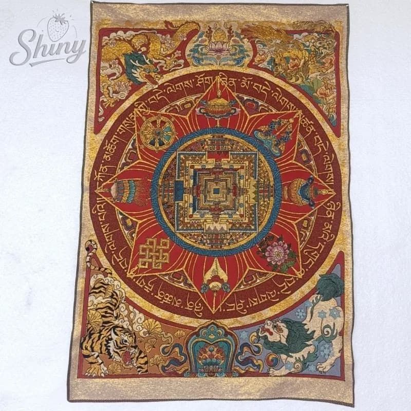 35,4′′ Otto Tesori Mandala Broccato Tangka Tibetano Ricamo Pittura Filo d'oro Ricamo Immagini decorative appese