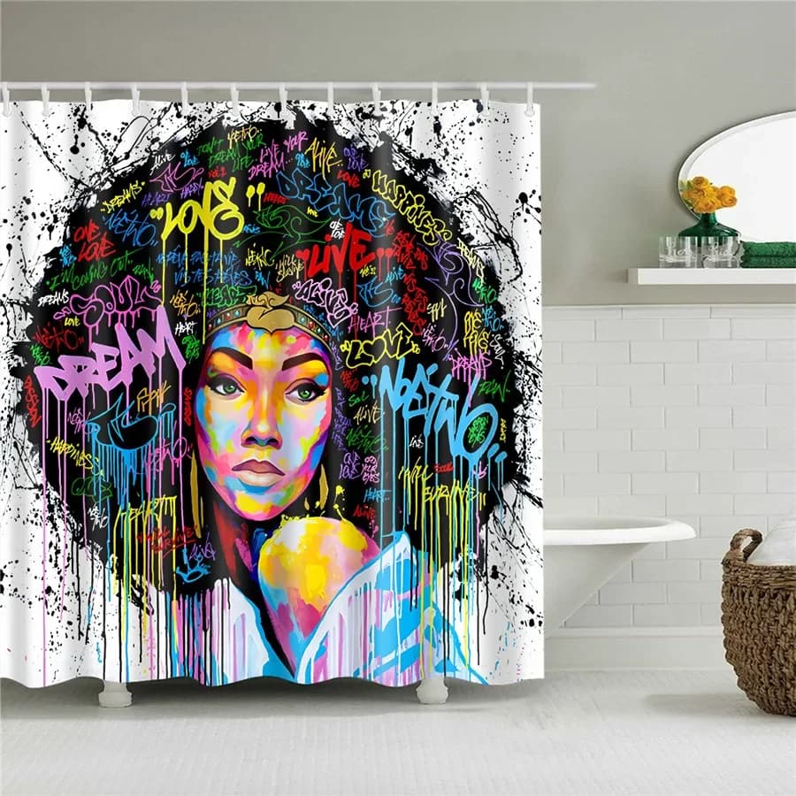 Tende da doccia Afroamericane con design artistico di ragazze e donne nere, tende da bagno con arte graffiti, impermeabili in poliestere con ganci